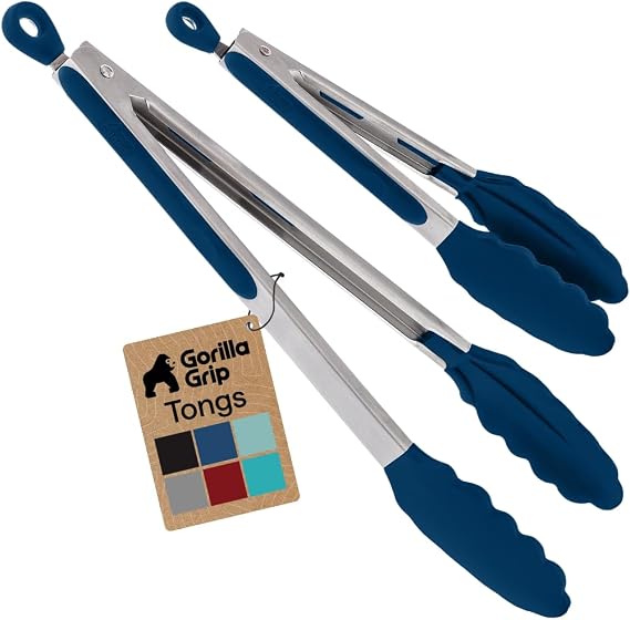 GORILLA GRIP Stainless Steel Kitchen Tongs for Cooking, 2 PK, Blue