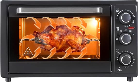 32L 1500W Countertop Convection Toaster Oven, Multi-Function Rotisserie Oven with Dehydrate & Roast, 60-Min Timer 0-230°C, 6 Accessories for Pizza Chicken Baking