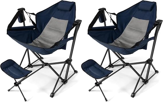 HAPPYGRILL 2-Pack Hammock Camping Chair, Outdoor Folding Swinging Chair with Retractable Footrest, Head Pillow, Carrying Bag Included, Portable Lightweight Rocking Chair for Camping Fishing Picnic