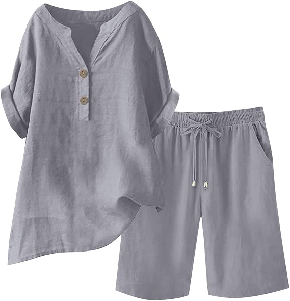 Linen Sets For Women 2 Piece Short Sleeve Shirts & Wide Leg Shorts Cotton Linen Sets