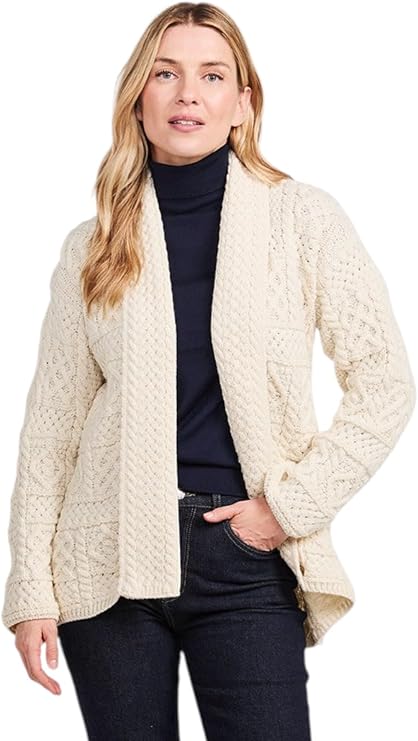 Aran Woollen Mills レディース ショールカラーカーディガン – 100%メリノウール、オープンフロントアイルランドケーブルニットセーター ウォームレイヤー