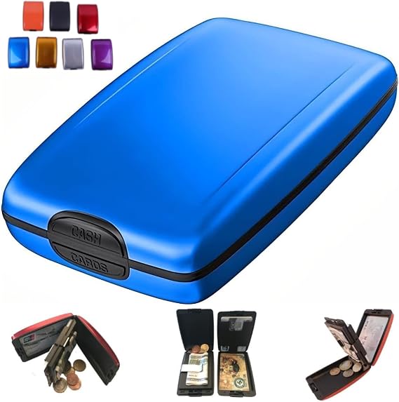 Generic Men's RFID Blocking Slim Metal Wallet - Blue, 3 Compartments, 8 Card Slots, Flip Wallet, Aluminum Case