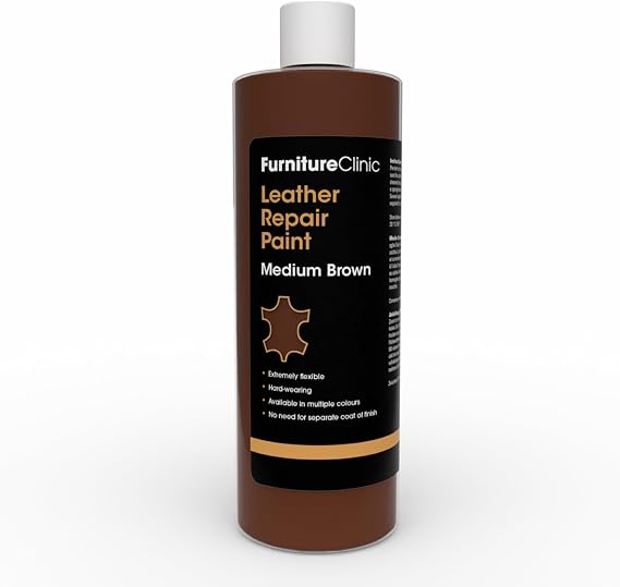Furniture Clinic Leather Repair Paint | 2-in-1 Seal & Color | Use on Scratches, Tears, and Holes in Car Seats, Furniture | Quick and Easy Leather Repair Kit for Furniture (Medium Brown, 500ml / 17oz)