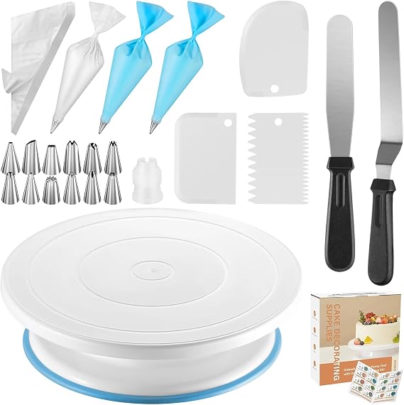 71Pcs Cake Decorating Kit with Turntable, 12 Piping Nozzles 50 Disposable Piping Bags Cakes Decoration Tools, 1 Coupler 2 Smoother Scrapers 3 Spatulas TPU Bag Icing Supplies for Beginners, Experts