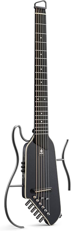 Donner HUSH-I EVO2 Acoustic Electric Travel Guitar – Portable Headless Quiet Practice Guitar, Ultra-Light, Mahogany Body with Built-in Tuner, Detachable Stands & Headphone Jack - Black