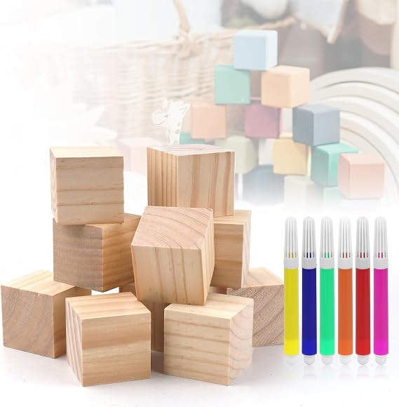 10Pcs Square Wooden Blocks Cubes, Unfinished Smooth Wooden Cubes 5x5x5cm