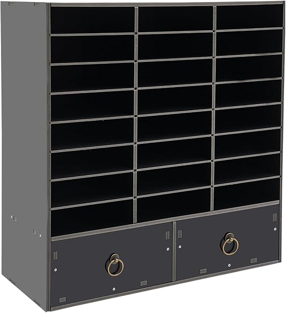 Literature Organizer 24 Slots Compartments Mail Organizer with 2 Drawers, Classroom Mailbox for Office Paper Shelve Student Mailboxes for Classroom/Office/Home(Black