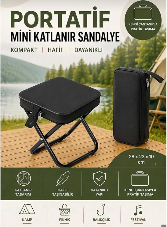 Katlanır Mini Kamp Sandalyesi Hafif El Çantası Boyutunda Portatif Taşınabilir Piknik Taburesi