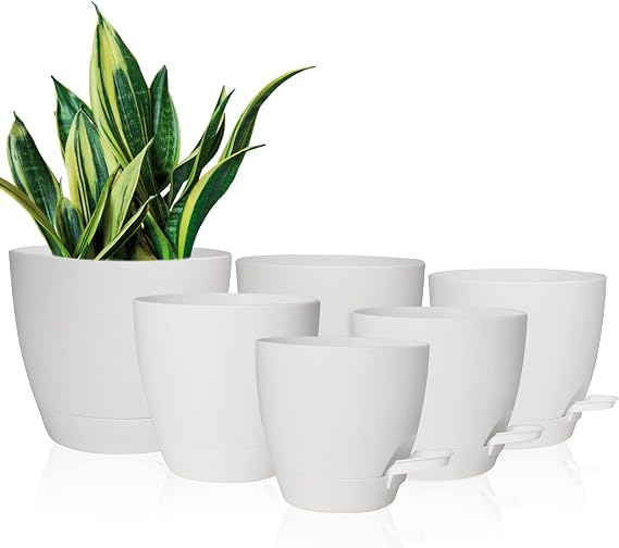 Vanslogreen İç Mekan Bitkileri için Saksılar, 8/7/6.5/6/5.5/5 İnç Drenaj Delikli Kendinden Sulamalı Bitki Saksıları, Plastik Saksılar İç Mekan Dış Mekan Ev Bitkileri için Çiçek Saksıları (Mat Beyaz)