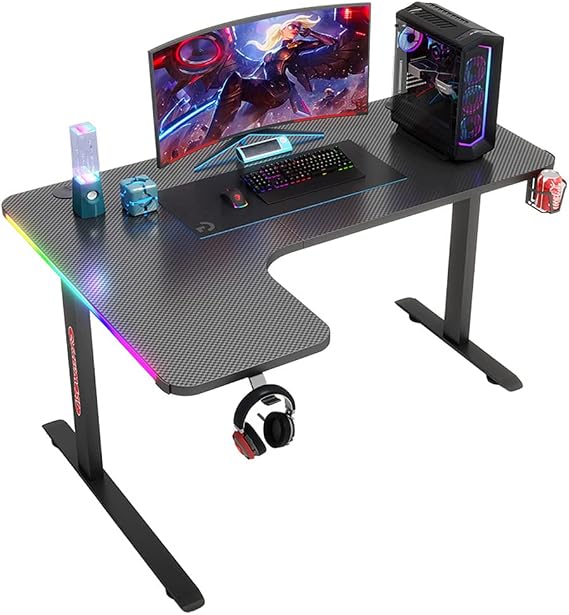 Computer Gaming Desk RGB LED, Bestier L-Shaped Gaming Desk, Computer Desk, Large Ergonomic Gaming Computer Desk, Home Office Workstation PC Desk, Black L 140CM vision
