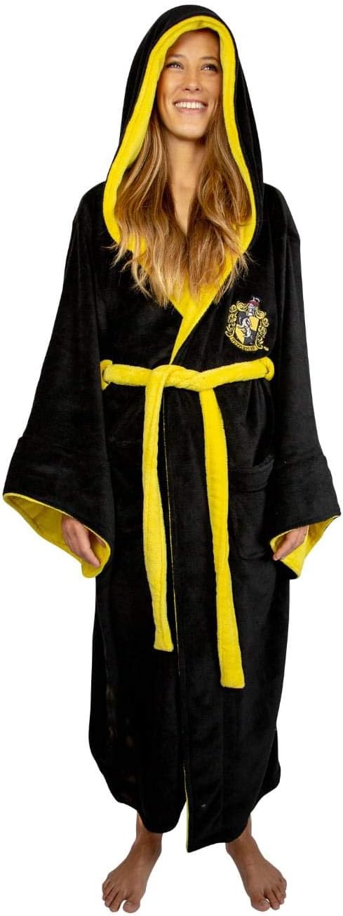 HARRY POTTER Hufflepuff Hooded Bathrobe for Men/Women | Soft Plush Spa Robe for Adults | Lightweight Fleece Shower Robe With Belted Tie | One Size Fits Most Adults