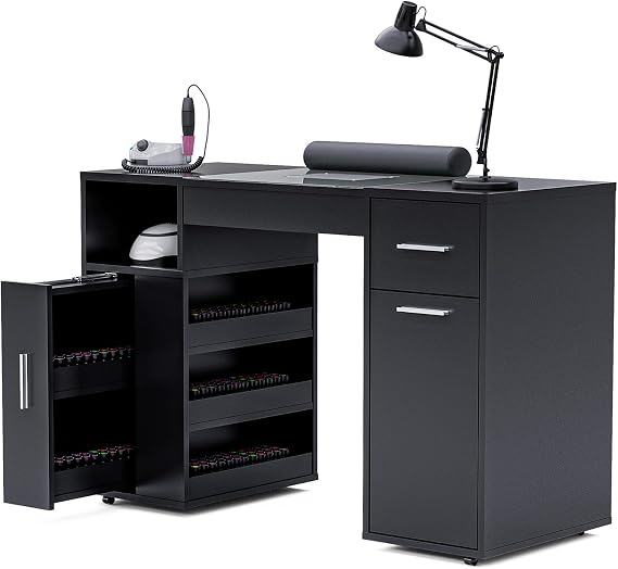 Manicure Table with Dust Collector, Glass Top and Wheels (Black)