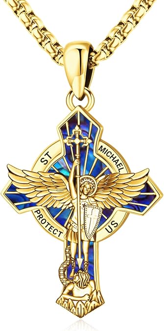 Eusense St Michael Necklace for Men Women Gold Sterling Silver 925 Saint Christopher Pendant Virgin Mary Miraculous Medalla de Praying Hand San Benito Benedict Jewelry