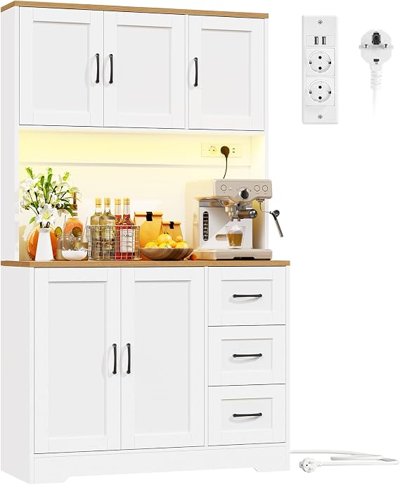 BEWISHOME Kitchen Cabinet with LED Sockets Kitchen Buffet Cabinet