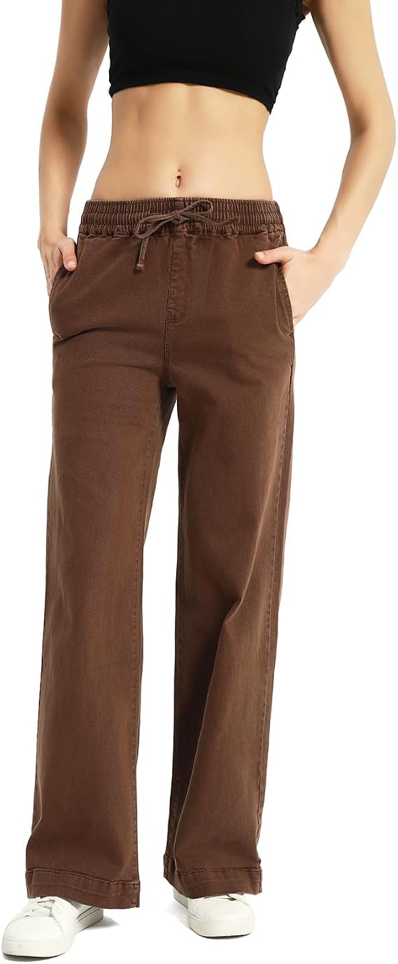 Women's Elastic Waist Wide Leg Pants High Waist Tummy Control Straight Leg Drawstring Lounge Sweat Jeans with Pocke