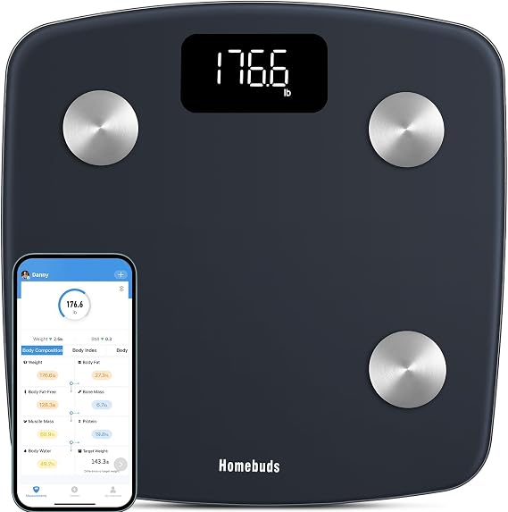 Homebuds Smart Bathroom Scales for Body Weight, Weighing Scale Professional Factory SINCE 2001, App Sync 13 Body Composition including BMI, Body Fat and Muscle, 400lb, White LED, Sapphire Blue
