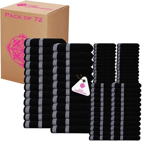CASA COPENHAGEN Solitaire Designed in Denmark 600 GSM Hotel & Spa Decorative Kitchen & Bathroom Egyptian Cotton 72 Piece Towel Set, Includes 24 Bath Towels 24 Hand Towels 24 Washcloths Dark Black
