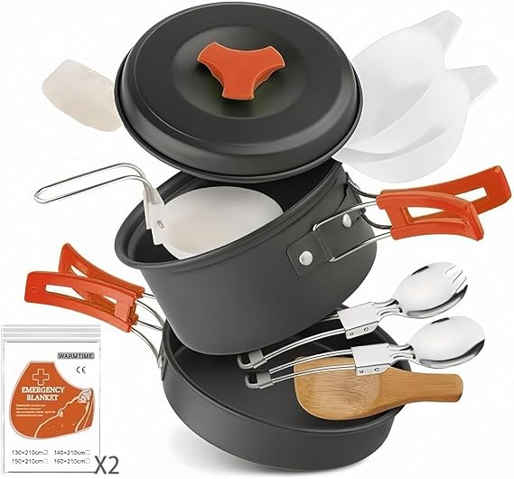 12-Piece Lightweight Camping Cookware Set Nonstick Pot, Pan & Utensils for Backpacking & Hiking Portable Mess Kit for 12 People, Bonus 2 Emergency Blankets