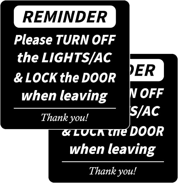Turn Lights Off and Lock Door Sign,Please Switch Off Lights indicator,Please Turn Off Air Con plate for Business,Lock the Door when leaving Sign with Backing adhesive-6 X 6 Inches
