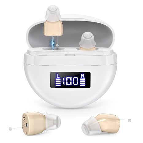 Rechargeable Hearing Aids for Seniors,Invisible Digital Hearing Loss Hearing Amplifier, Noise Cancelling comfort, display battery charging case. (Brown)
