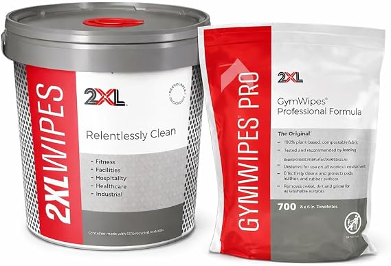2XL GymWipes Professional Roll with Super Seal Bucket, 700 Large Gym Equipment Wipes, Plant-Based Compostable Towelettes, Low-Residue Multi-Surface Fitness Wipes