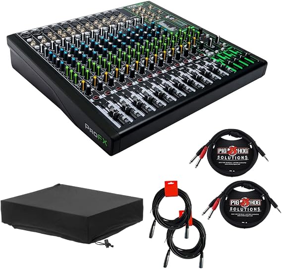 Mackie ProFXv3 Series, 16-Channel Professional USB Effects Mixer with Built-In Effects Bundle with Gator GMC-2222 Mixer Dust Cover, 2x Pig Hog PB-S3410 Stereo Cable, and 2x XLR-XLR Cable