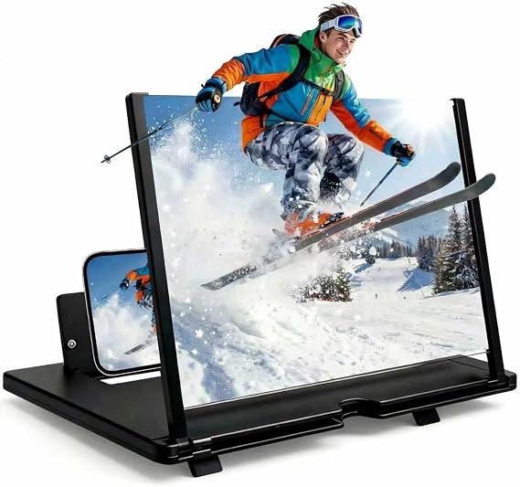 12" Phone Screen Magnifier for Cell Phone, Foldable 3D HD Acrylic Screen Amplifier, Portable Smartphone Screen Enlarger Stand for Movies & Gaming, Universal Phone Stand for All Smartphones (Black)