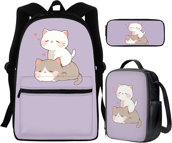 HUIACONG Cat Backpack for Girls 8-10/10-12 Kitten School Bookbag with Lunch Box Pencil Case
