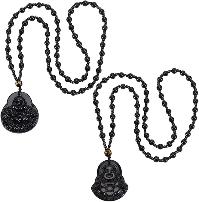 UNICRAFTALE 2Pcs 2 Styles Laughing Buddha Pendant Necklace Buddha Beads Chain Necklace Obsidian Buddhas Guanyin Crystal Beaded Rope Chain Gemstone Lucky Amulet Jewelry Gift for Women Men