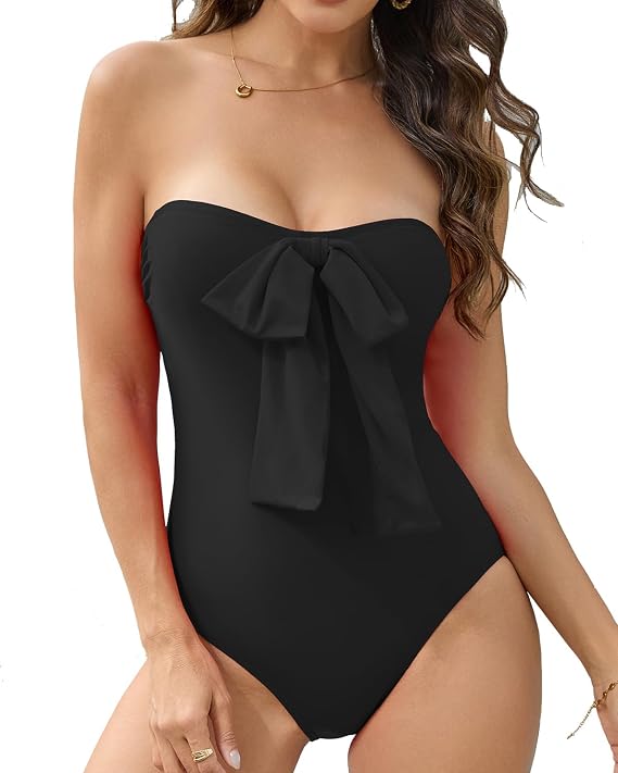 Cromi Women's Bow One Piece Swimsuit Strapless Bandeau Push Up Slimming | Built-in Padded, Chlorine Resistant, Quick Dry, Stretch Fabric, Bathing Suit for Vacation Beach