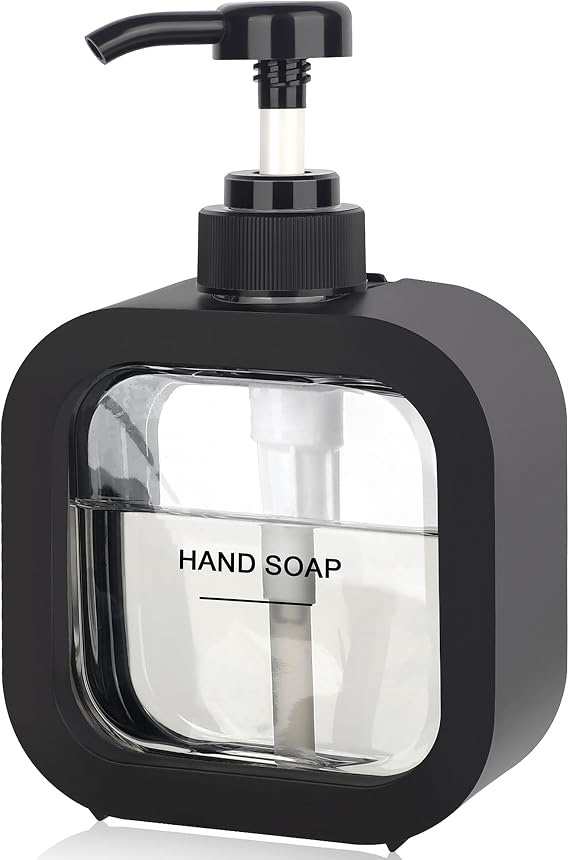 Hand & Dish Soap Dispenser - Modern Plastic Pump with Labels - Black