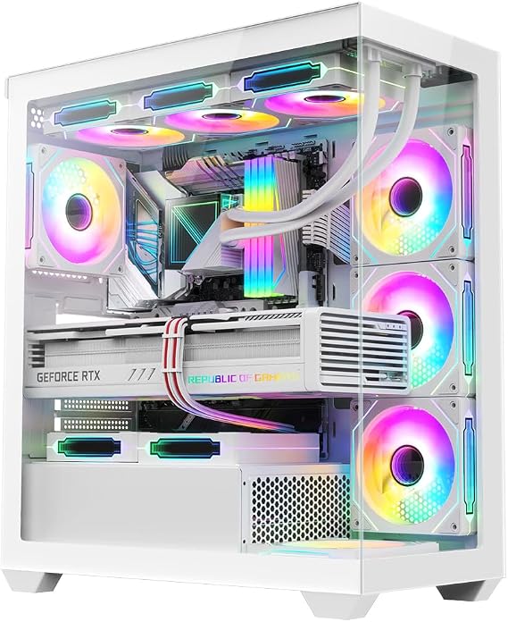 RUIX OV603 ATX Mid-Tower PC Case, Spacious High-Airflow Gaming Case with 4 x 120mm PWM ARGB Fans, USB 3.0 & Type-C Ports, Tempered Glass, Large Capacity Computer Case - White