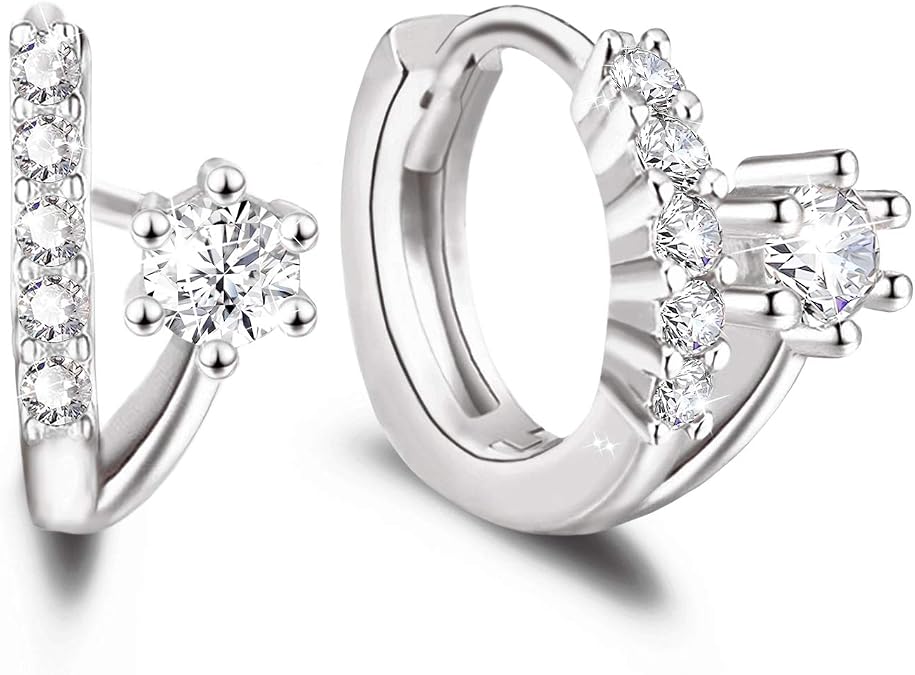 Cubic Zirconia Hoop Earrings - Sterling Silver Hypoallergenic CZ Hoop Huggies Earrings Small Cartilage Earrings for Women Girls