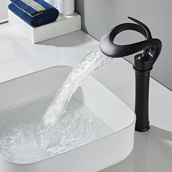 Waterfall Bathroom Counter Top Taps Bath Basin Mixer Tap Mono Brass Faucet,Black,Tall