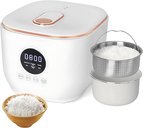 Low Sugar Cooker, 3L White Low Carb Steamer, Stainless Steel Basket, 5-Function, 24-Hour Delay Timer, 8-Hour Warm, Easy to Clean