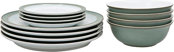 Denby - Regency Green Dinner Set For 4 - 12 Piece Green, White Ceramic Tableware Set - Dishwasher Microwave Safe Crockery Set - 4 x Dinner Plates, 4 x Small Plates, 4 x Cereal Bowls
