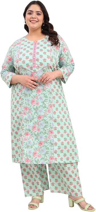 Tissu Women's Plus Size Cotton Satin Pink Floral Printed Kurta with Palazzo