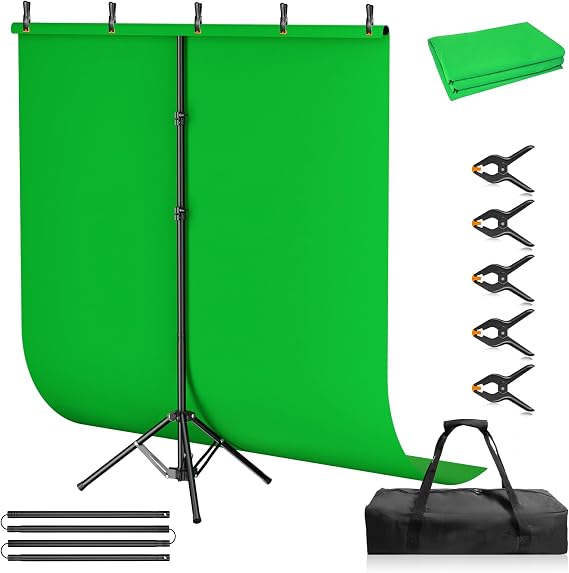 Green Screen Backdrop Kit, 57ft Portable Greenscreen Background with Adjustable T-Shaped Stand, 5 Clamps, Carrying Bag for Parties, Streaming, Photography, Zoom, Gaming, Video Studio