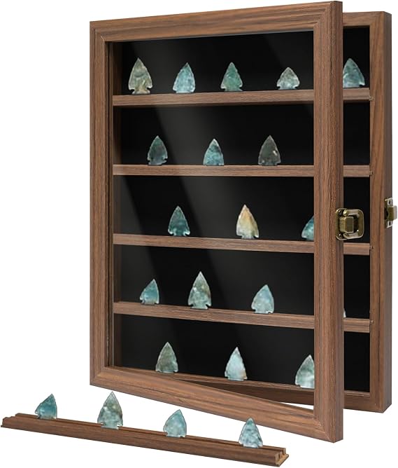 ASmileIndeep Arrowhead Display Case Holder, Lockable Native American Arrow Head Display Frame Box Cabinet Rack with HD Tempered Glass and Removable Shelves for Arrowheads Collection, Rustic Brown