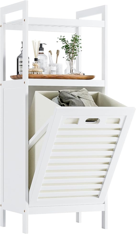 HITNET Bamboo Tilt Out Hamper, 32L Bathroom Laundry Cabinet with Hidden Foldable Basket, Freestanding Clothes Storage Organizer with Storage Shelf, White