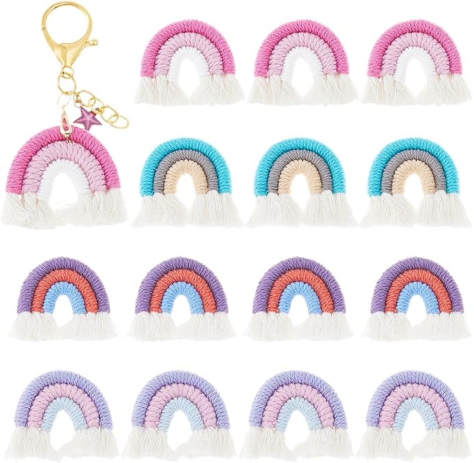 DICOSMETIC 16Pcs 4 Colors Small Macrame Rainbow Charms Rainbow Tassel Charms Colorful Boho Charm Handmade Weaving Ornament 3.7x3.9cm Polycotton Charm for Jewekry Keychains Making