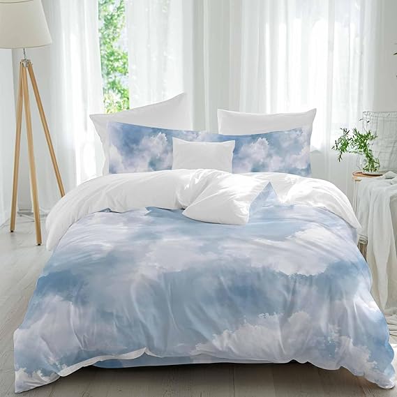 Blue Sky Duvet Cover Set Cal King Size, Cloud Gradient Natural Landscape Scenery Microfiber Soft Comforter Quilt Duvet, Patterned Bed Duvet+Cover with Flat Sheet, Pillowcases, Zipper Closure Bedding