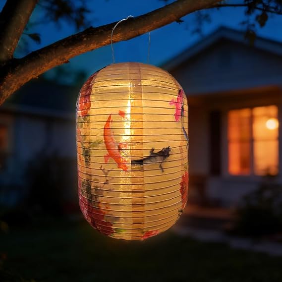 Hanging Solar Lanterns Outdoor Garden, 25cm Solar Lights Outdoor Garden Lantern, Waterproof Nylon Cloth Chinese Japanese Lantern S-olar Gar-den Lights Hanging, Warm White [Energy Class A]