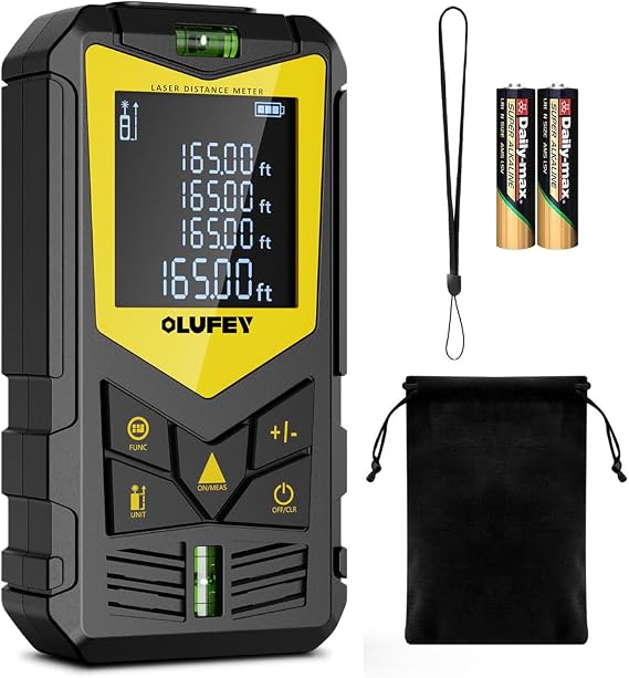 Laser Measure, OLUFEY 165ft Laser Distance Meter with 2 Bubble Levels, Black LCD Display and Pythagorean Mode, Measure Distance, Area and Volume