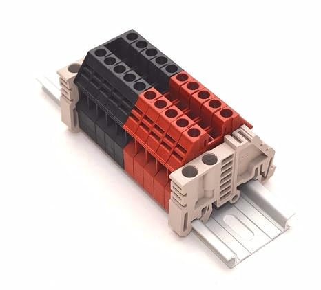 Dinkle Assembly DK4N Red/Black 10 Gang DIN Rail Terminal Blocks, 10-22 AWG, 30 Amp, 600 Volt