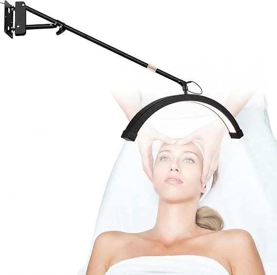 Wall Mount Lash Lamp Half Moon Shaped LED Lash Nail Light Cool/Warm Modes Adjustable Angle and Height for Barbershop Eyelashes Nail Eyebrows Tattoo Hair Salon, with Phone Holder(Black)