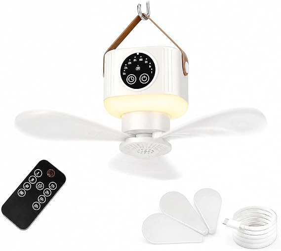 Portable Camping Ceiling Fan with Lights & Remote, 11" USB Rechargeable Tent Fan, 4 Speeds & Timer, Battery Operated Hanging Fan for RV, Truck, Canopy, Beach & Outdoor Travel