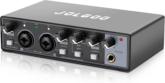 Jolgoo 2x2 USB Audio Interface, 24-Bit/192kHz Phantom Power Recording Card | 24-Bit/192kHz Studio Quality, +48V Phantom Power, Low Latency, for Recording and Podcasting