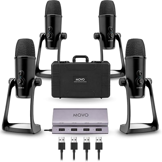 Movo 4-Person USB Podcast Equipment Bundle 4 Condenser Mics, Hub & Case | Built-in Headphone Monitoring. Plug-and-play with Zoom, OBS & Audacity on Mac/Windows. Ideal for interviews & streaming.