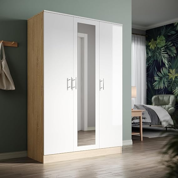 3 Doors Mirrored Wardrobe with Hanging Rail and 5 Shelves, Modern High Gloss & Matt Wardrobes with Large Capacity for Bedroom, White Oak